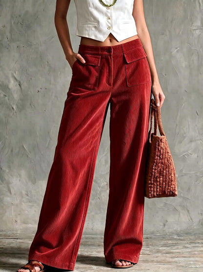 Pantalon velours côtelé femme large avec poches plaquées, style rétro