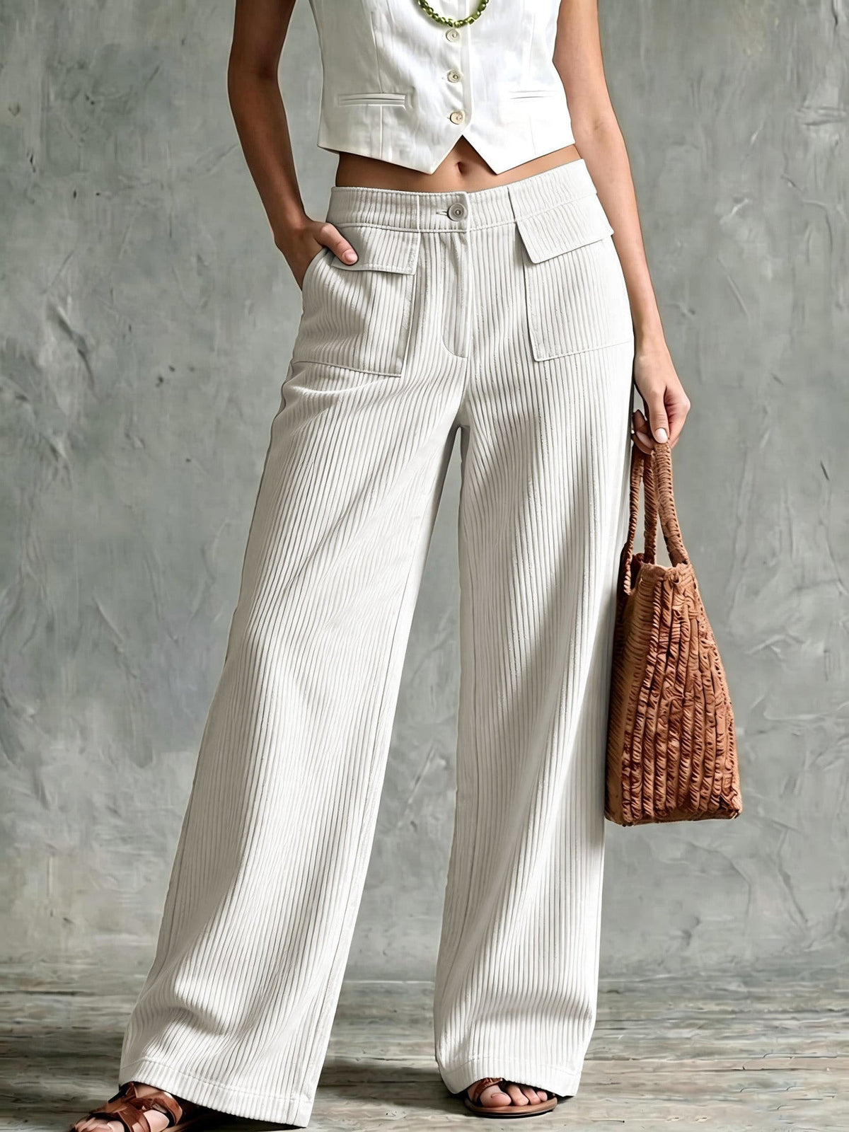 Pantalon velours côtelé femme large avec poches plaquées, style rétro