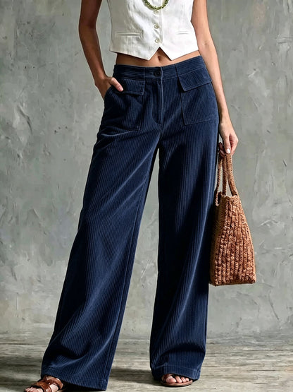 Pantalon velours côtelé femme large avec poches plaquées, style rétro