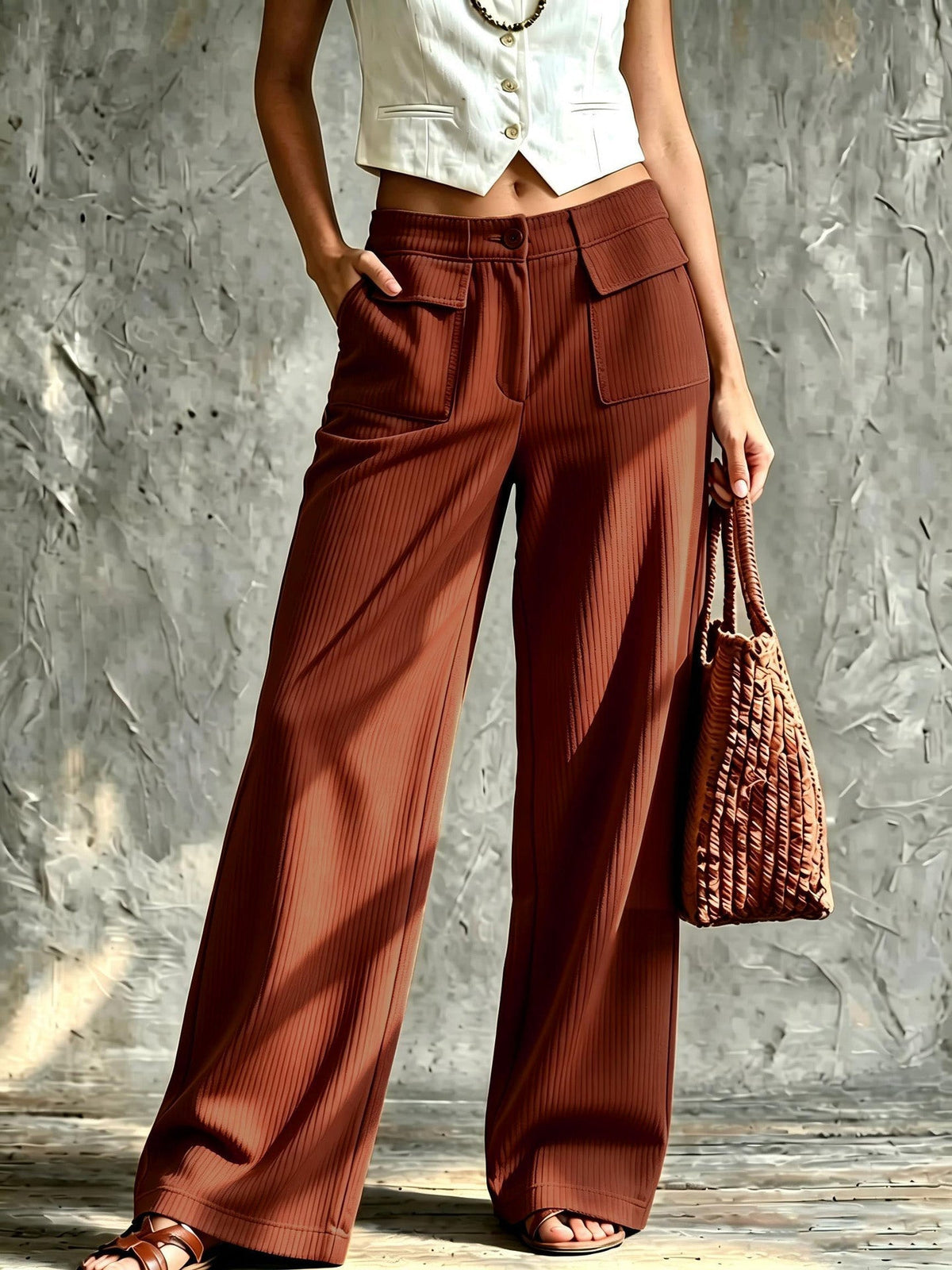 Pantalon velours côtelé femme large avec poches plaquées, style rétro