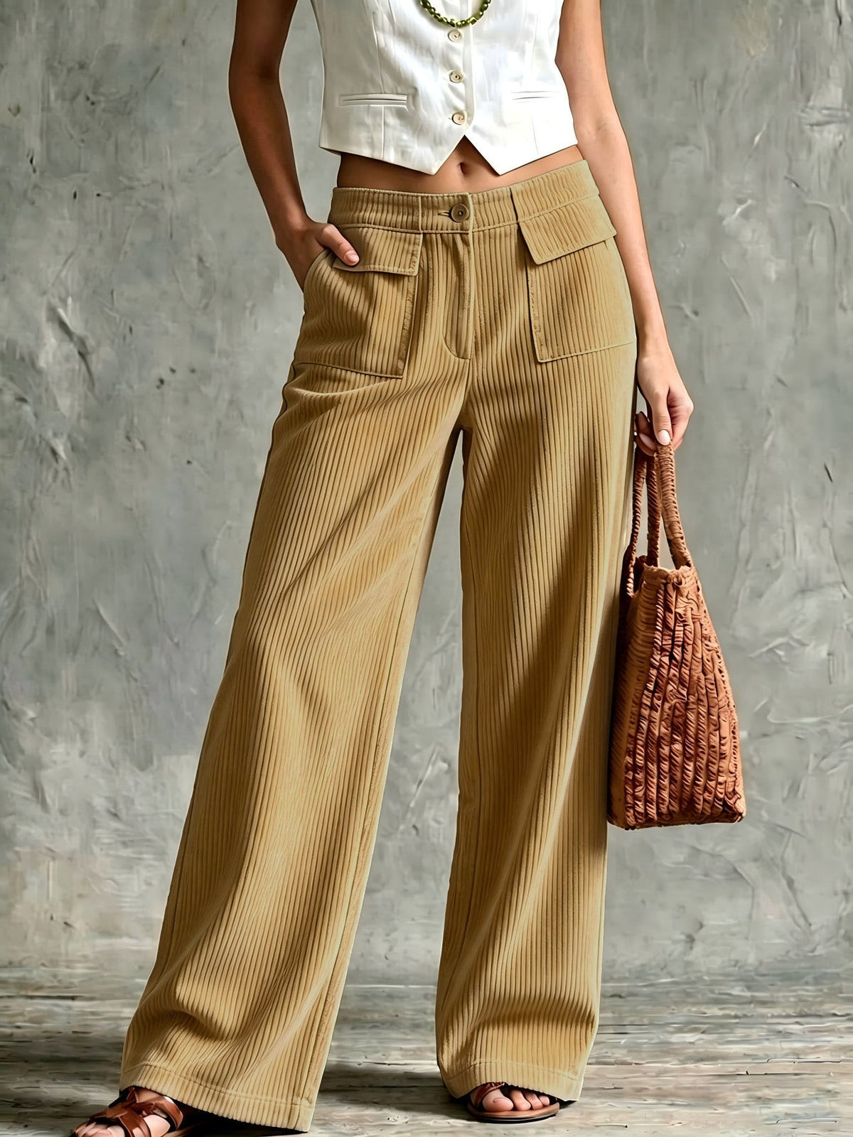Pantalon velours côtelé femme large avec poches plaquées, style rétro