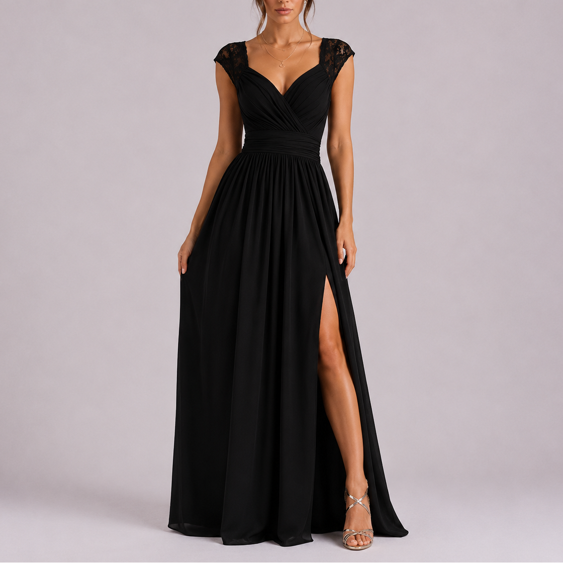 Robe maxi femme dentelle épaules formelle longue avec fente latérale
