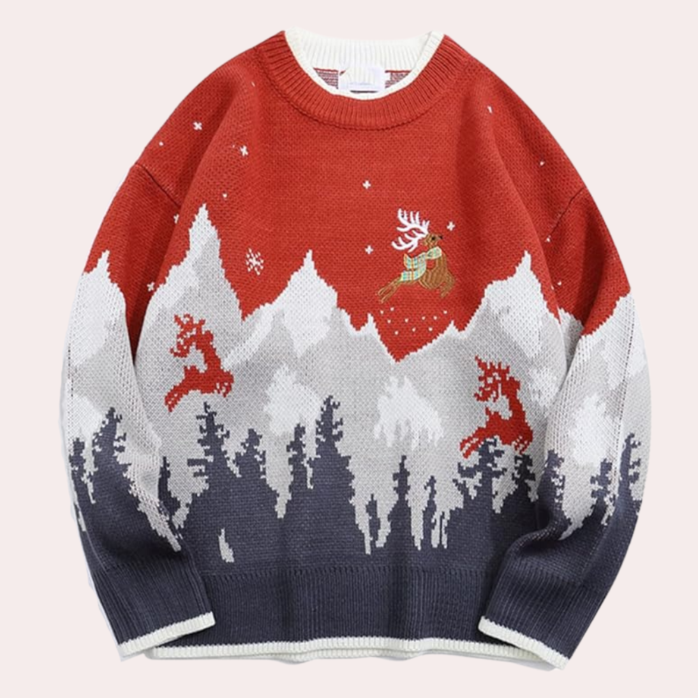 Pull de noël homme renne brodé avec motif arc-en-ciel, manches longues