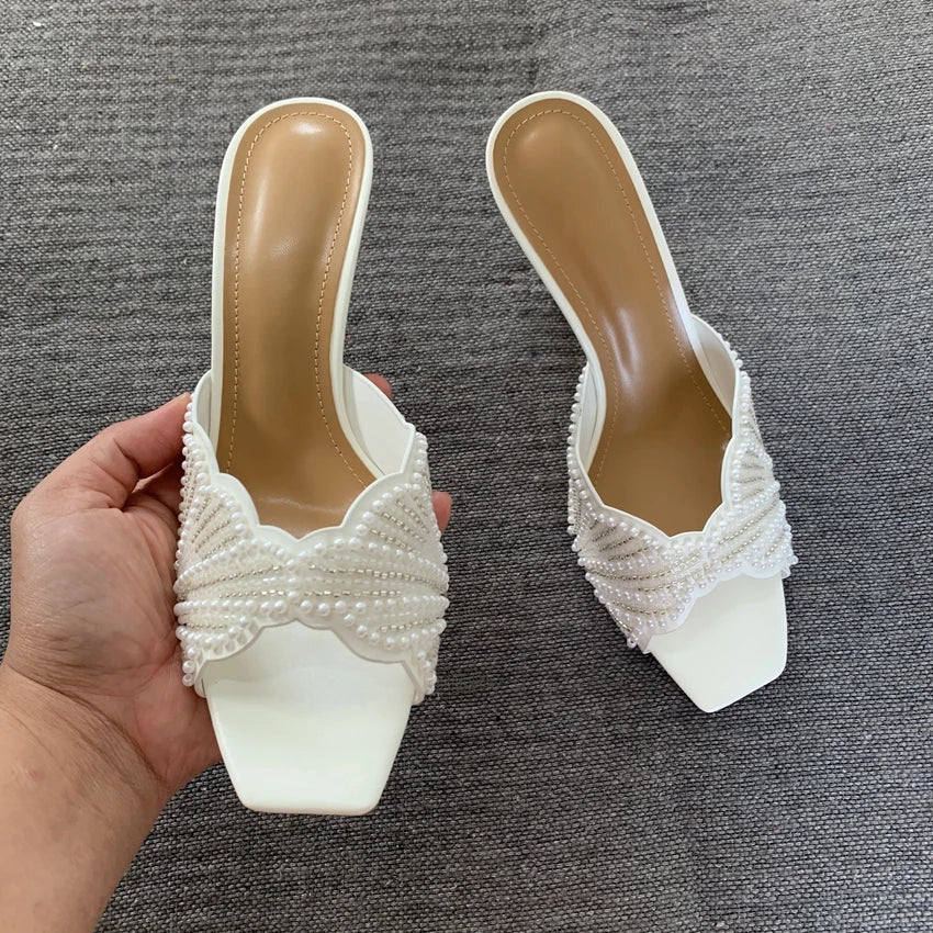 Sandales Femme Talon Haut Perles Orteil Carré