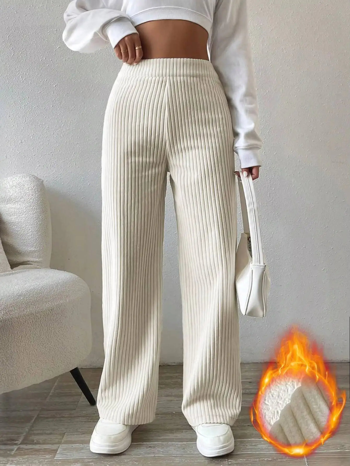Pantalon velours femme jambe large taille haute chaud hiver couleur unie