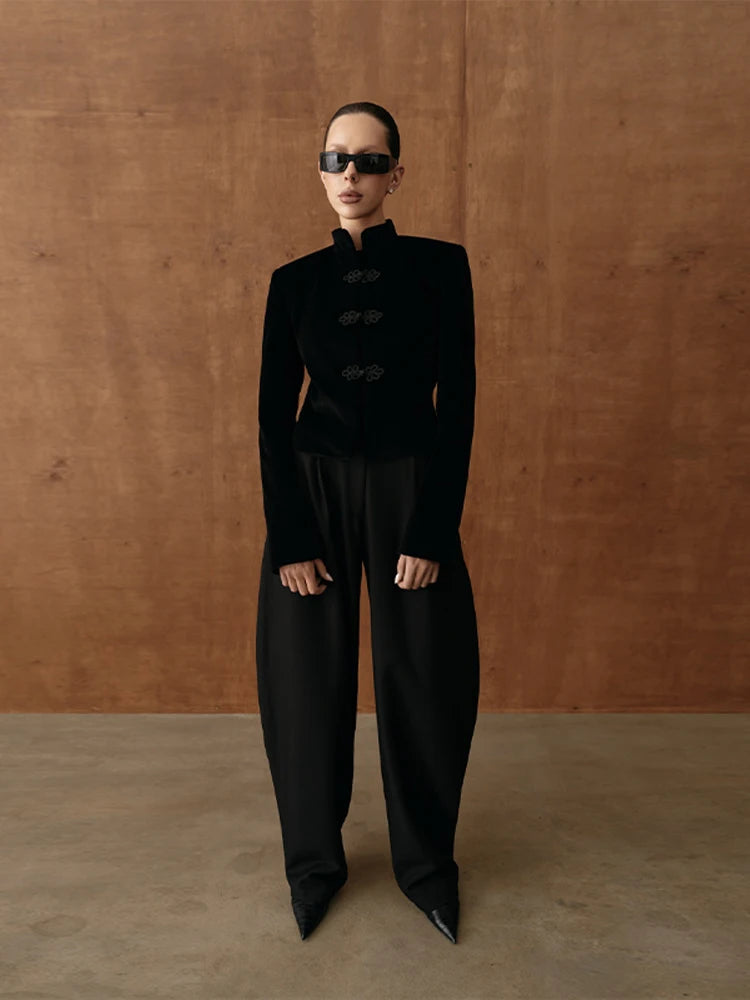 Manteau velours femme col montant et boutonnage simple vintage