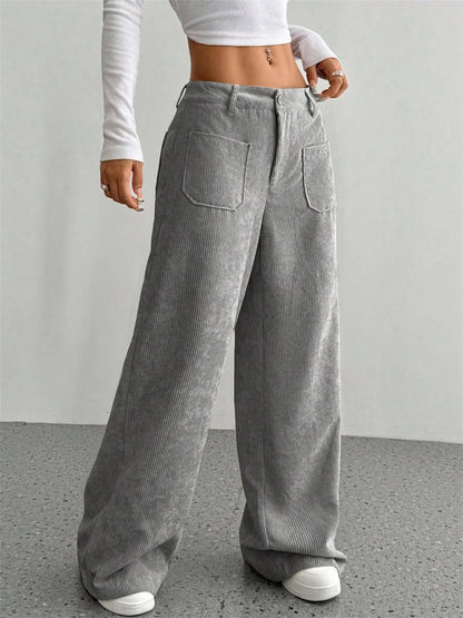 Pantalon velours femme côtelé jambe large taille haute hiver