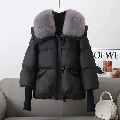 Doudoune longue femme col fourrure en coton matelassé chaude