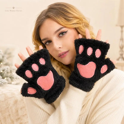 Gants sans doigts polaire patte de chat femme avec cordon anti-perte hiver