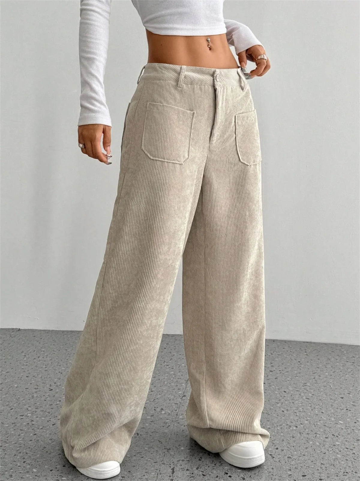 Pantalon velours femme côtelé jambe large taille haute hiver