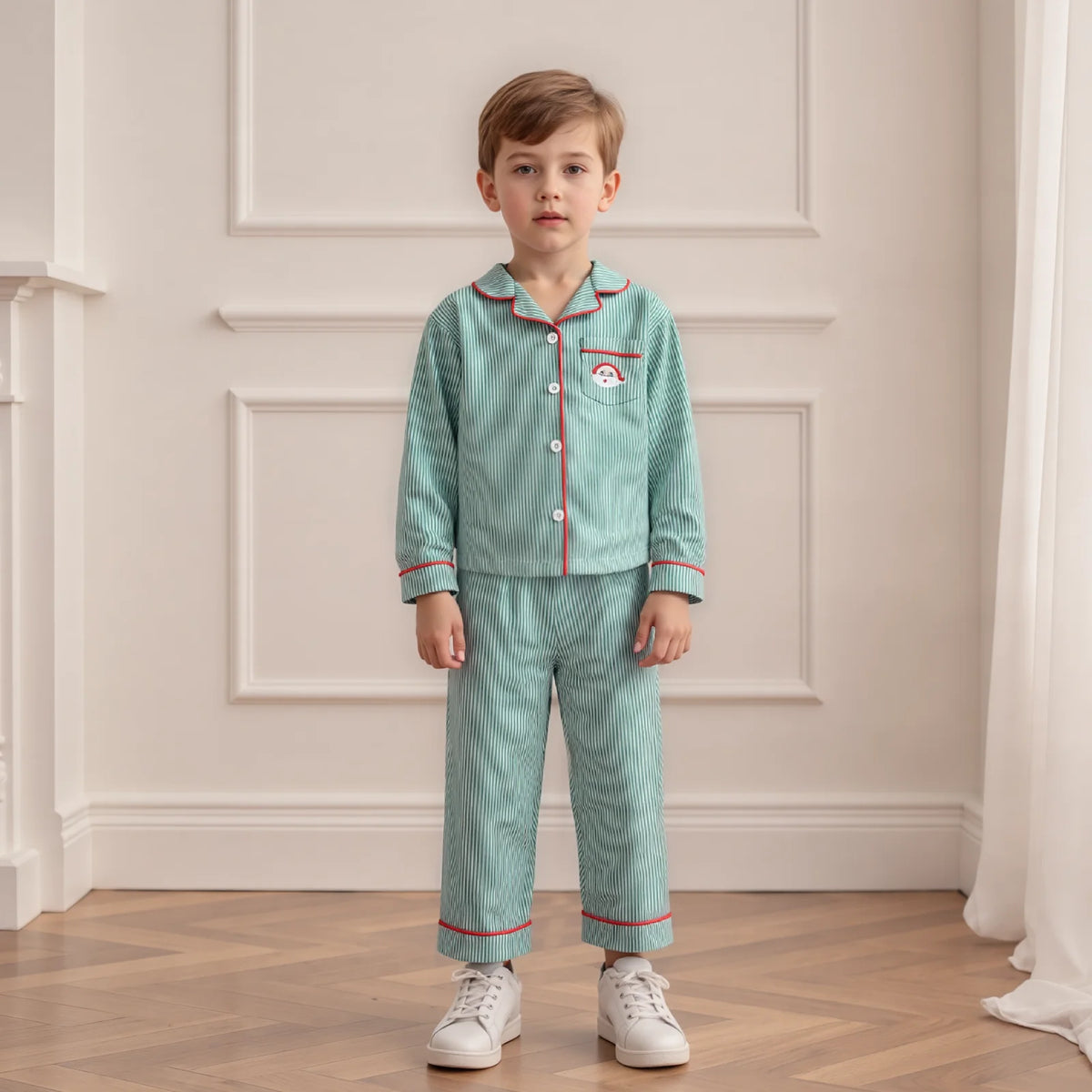 Pyjama Noël garçon 2 pièces rayé broderie Père Noël manches longues