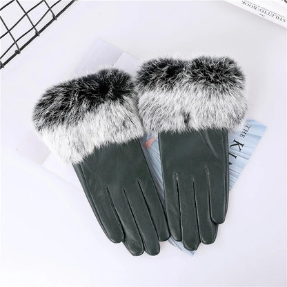 Gants cuir agneau femme doublure polaire avec poignets fourrure lapin