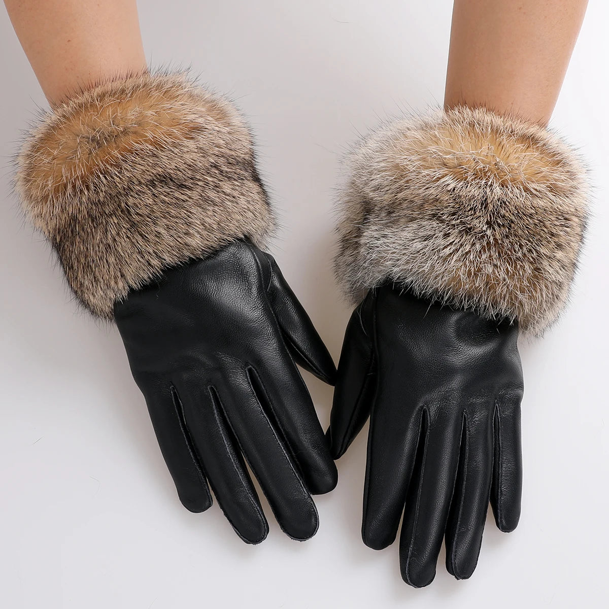 Gants cuir agneau femme doublure polaire avec poignets fourrure lapin