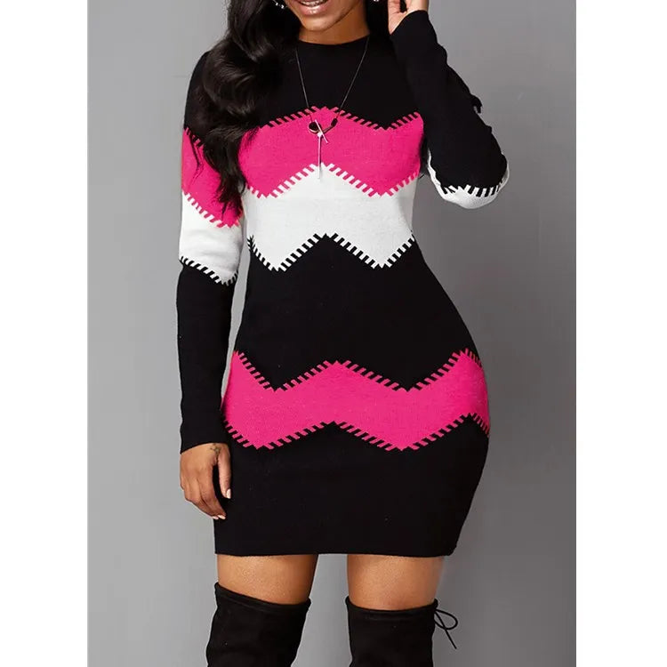 Robe pull femme col roulé patchwork manches longues mini maille automne hiver