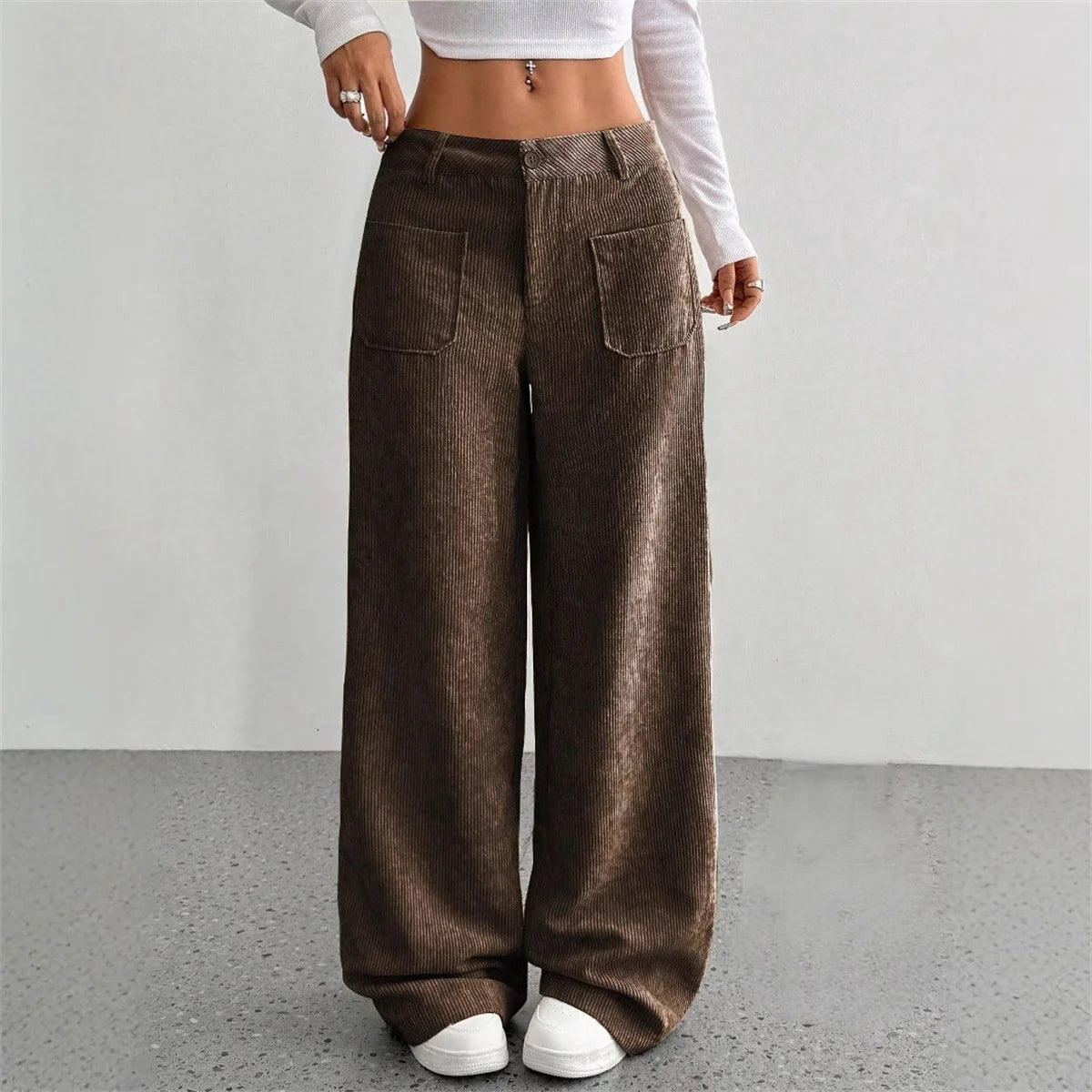 Pantalon velours femme côtelé jambe large taille haute hiver