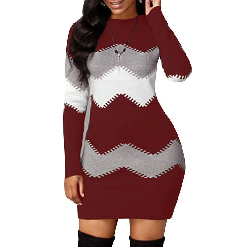 Robe pull femme col roulé patchwork manches longues mini maille automne hiver