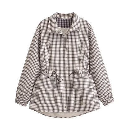 Veste femme à carreaux avec col et cordon de serrage à la taille
