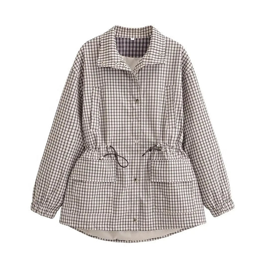 Veste Femme | À Carreaux | Col à Cordon de Serrage, Coupe Décontractée