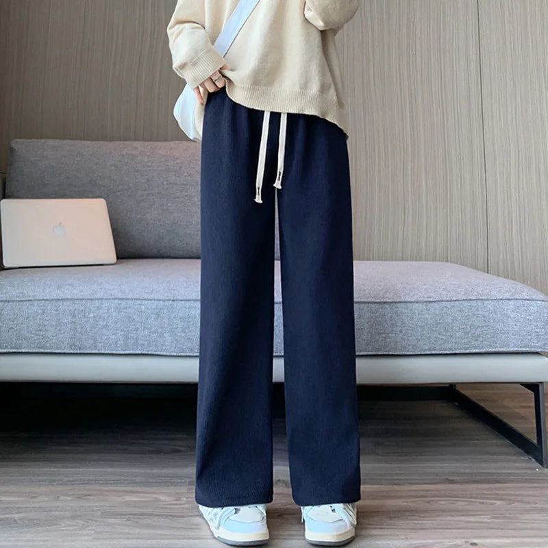 Pantalon velours femme taille élastique côtelé jambe large hiver