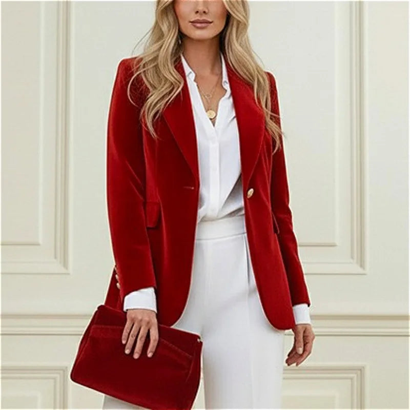 Blazer velours femme cintré avec col cranté et bouton doré