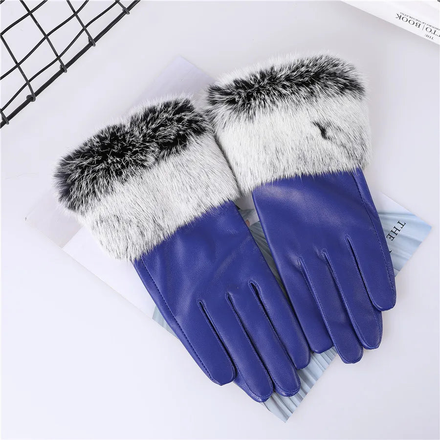 Gants cuir agneau femme doublure polaire avec poignets fourrure lapin