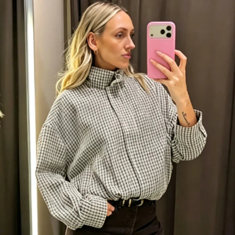 Veste Bomber Femme | Oversize, Manches Longues | Carreaux
