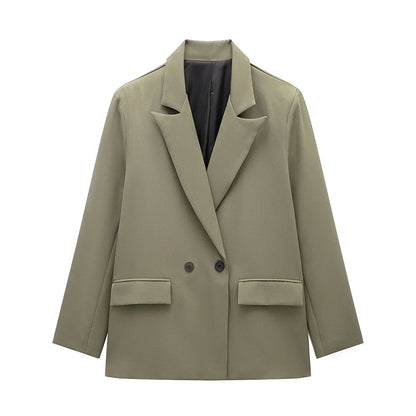 Blazer femme double boutonnage manches longues col en V cranté