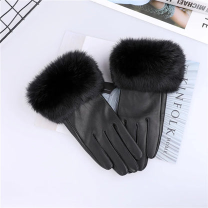 Gants cuir agneau femme doublure polaire avec poignets fourrure lapin