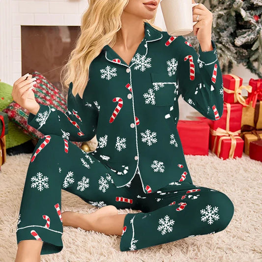 Pyjama Noël femme manches longues imprimé flocons col rabattu ensemble deux pièces