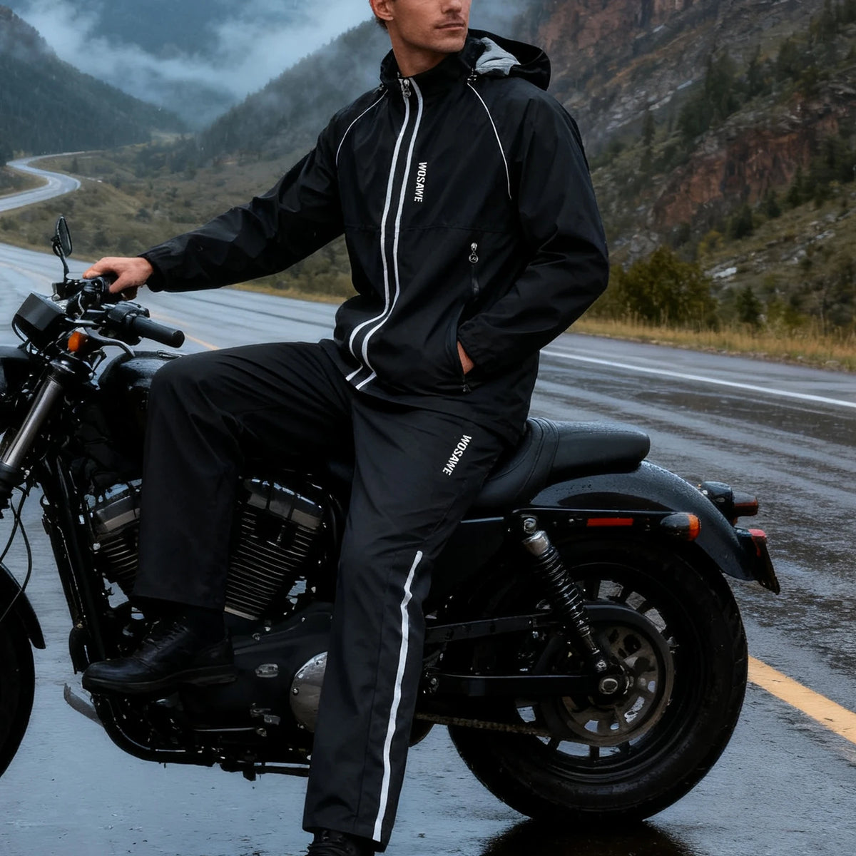 Veste imperméable moto unisexe avec pantalon pluie et bandes réfléchissantes