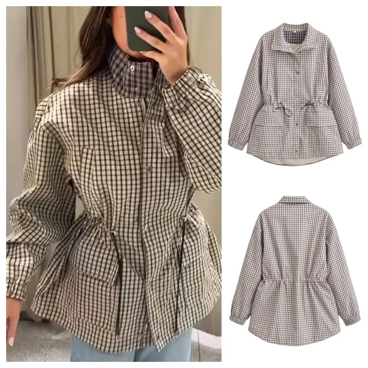 Veste femme à carreaux avec col et cordon de serrage à la taille