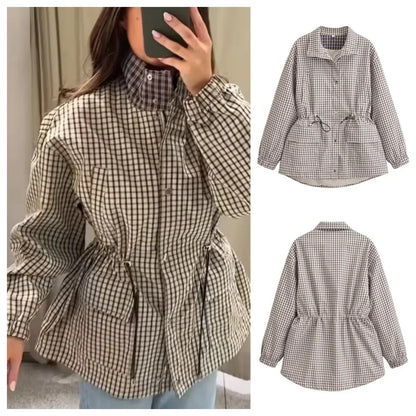 Veste femme à carreaux avec col et cordon de serrage à la taille