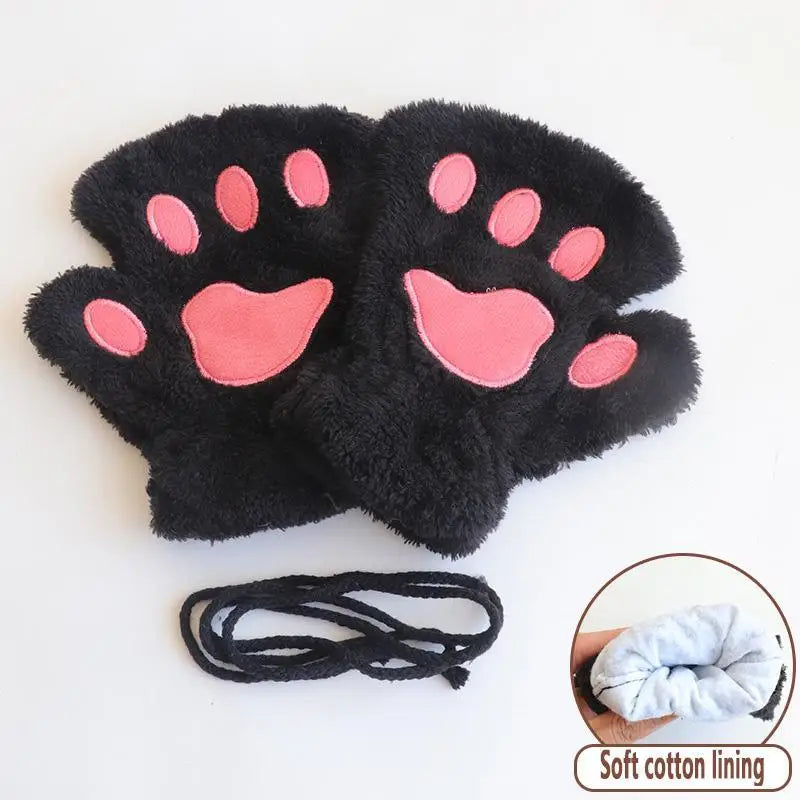 Gants sans doigts polaire patte de chat femme avec cordon anti-perte hiver