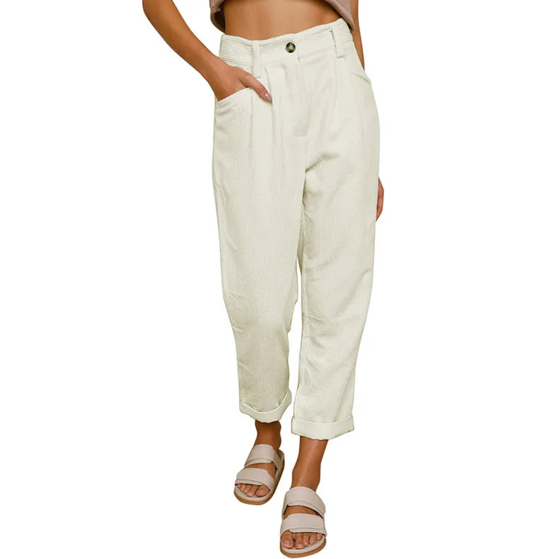 Pantalon velours femme taille élastique coupe droite côtelé couleur unie