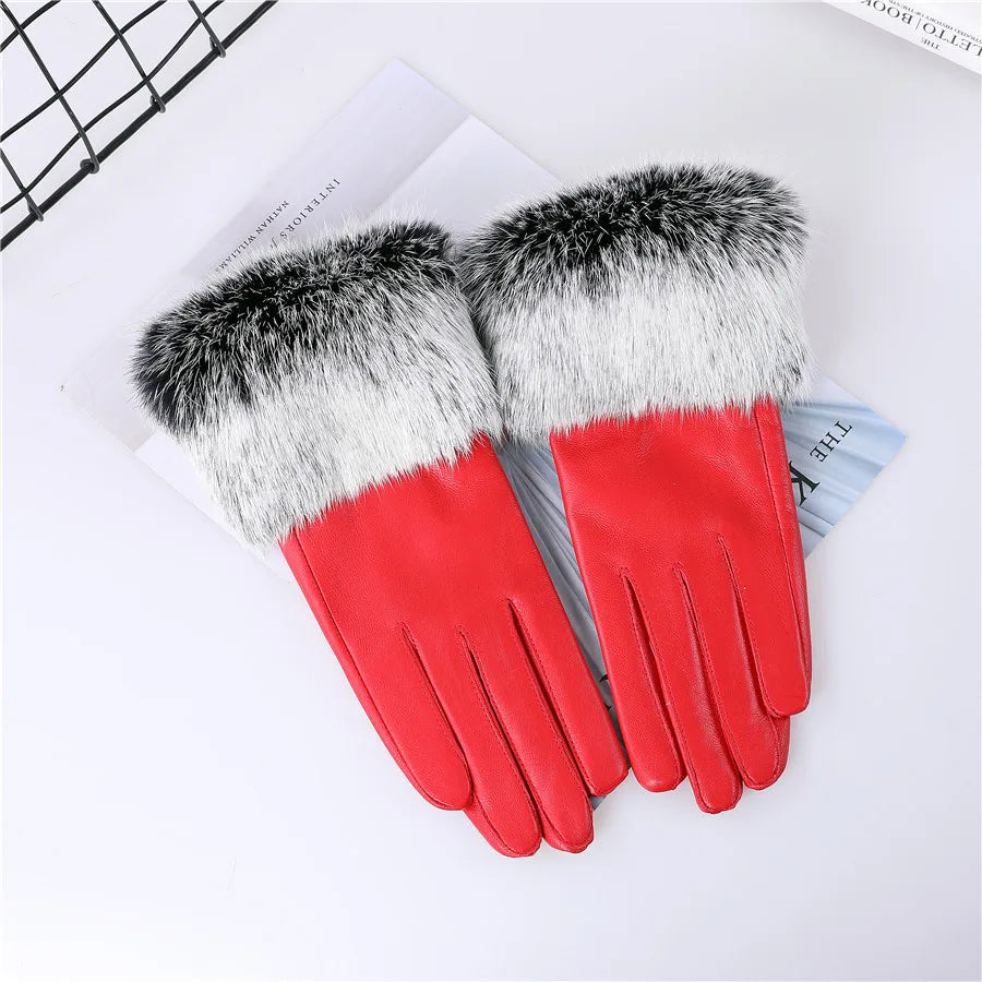 Gants cuir agneau femme doublure polaire avec poignets fourrure lapin