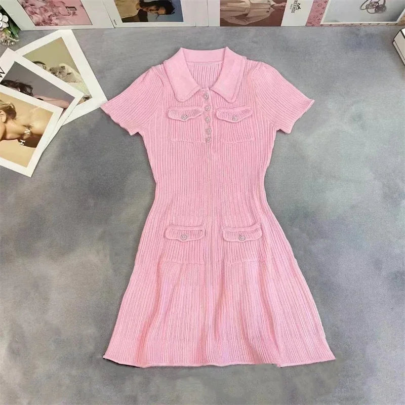 Robe pull femme col polo manches courtes maille slim avec poches