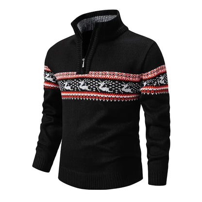 Pull homme col zippé jacquard à manches longues en maille épaisse