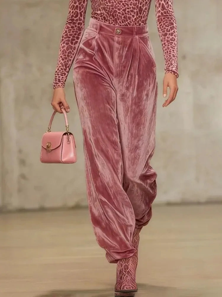 Pantalon velours femme taille haute plissé