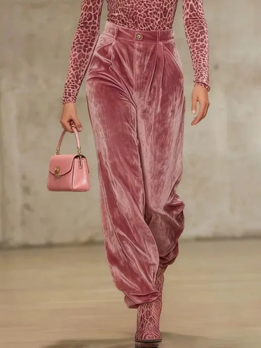 Pantalon velours femme taille haute plissé
