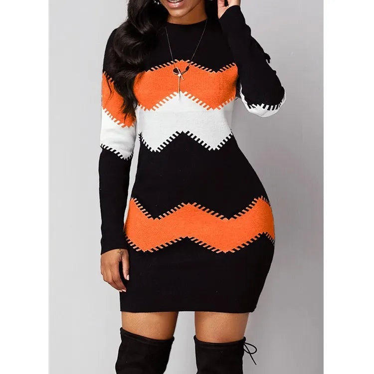 Robe pull femme col roulé patchwork manches longues mini maille automne hiver