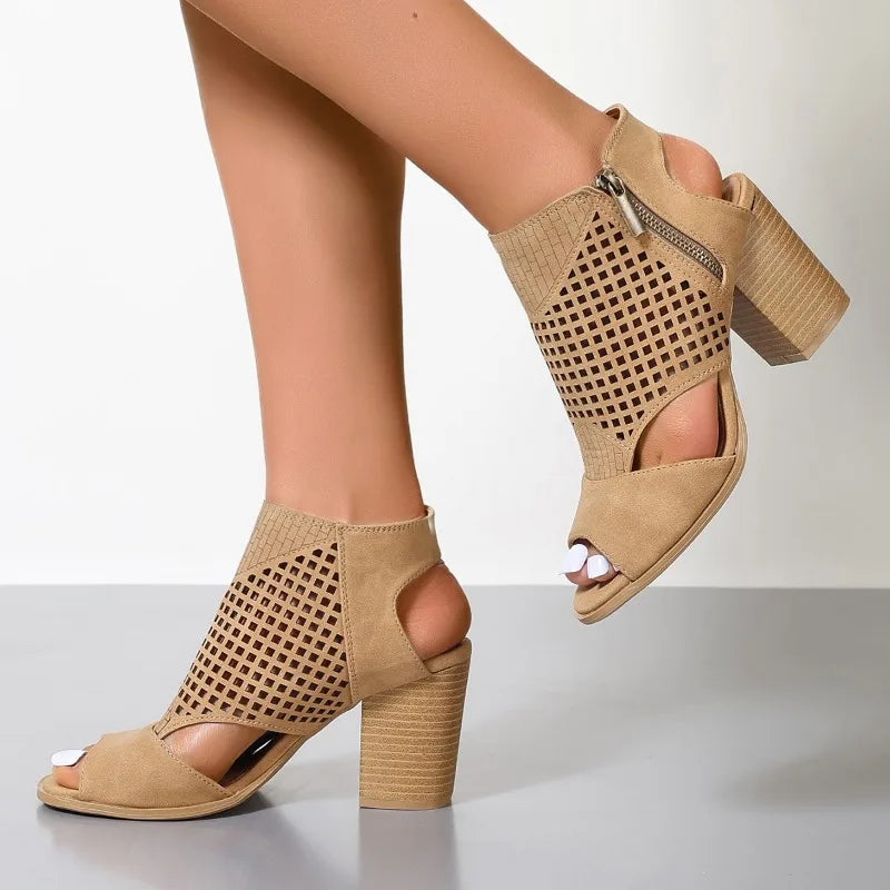 Sandales femme à talon chunky | Khaki, fermeture éclair, ouverture arrière
