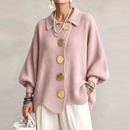 Cardigan tricoté côtelé oversize femme boutons dorés col rabattu ourlet festonné