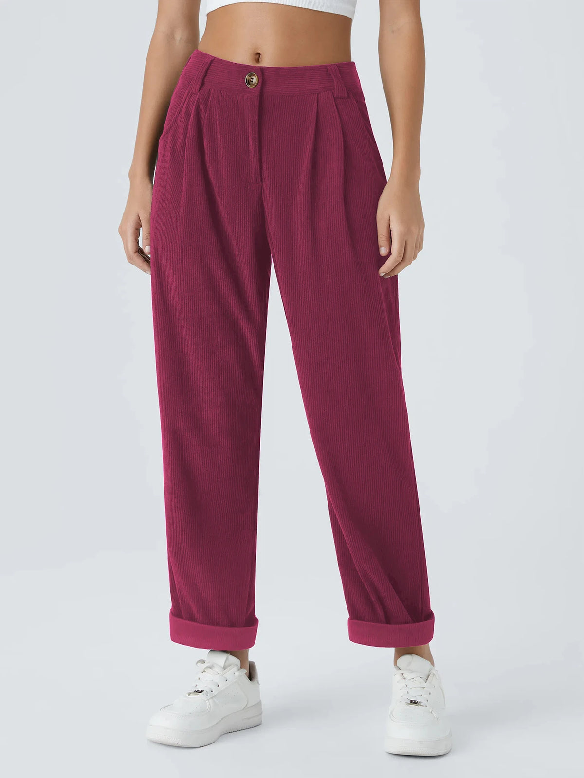 Pantalon velours femme jambe large coupe droite taille mi-haute casual automne hiver
