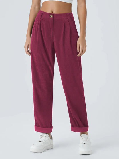 Pantalon velours femme jambe large coupe droite taille mi-haute casual automne hiver