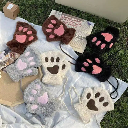 Gants sans doigts polaire patte de chat femme avec cordon anti-perte hiver