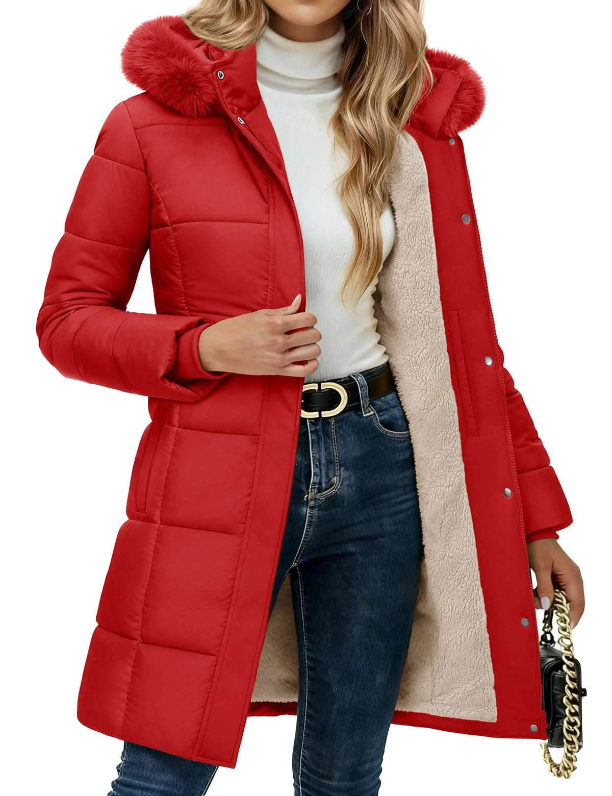 Doudoune longue femme capuche fourrure amovible avec doublure sherpa