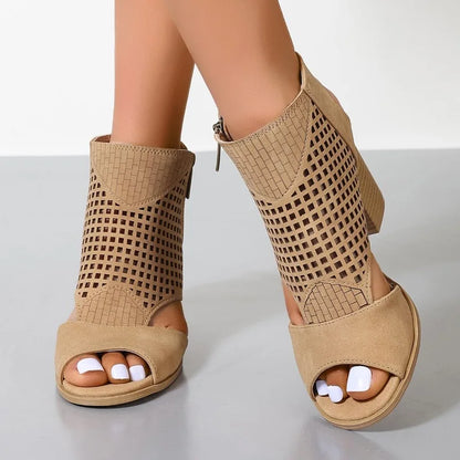 Sandales femme à talon chunky | Khaki, fermeture éclair, ouverture arrière