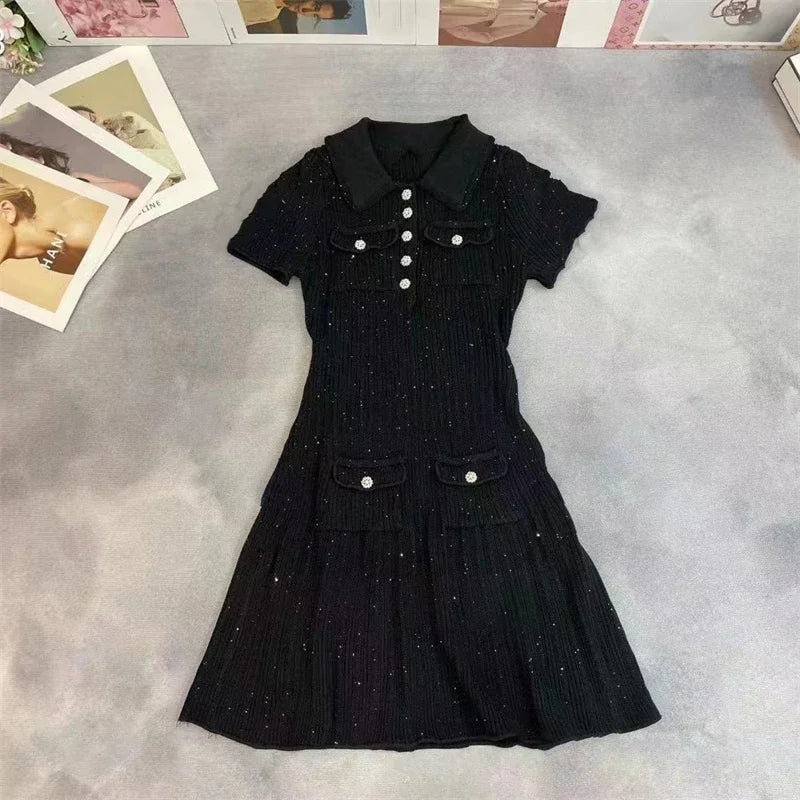 Robe pull femme col polo manches courtes maille slim avec poches