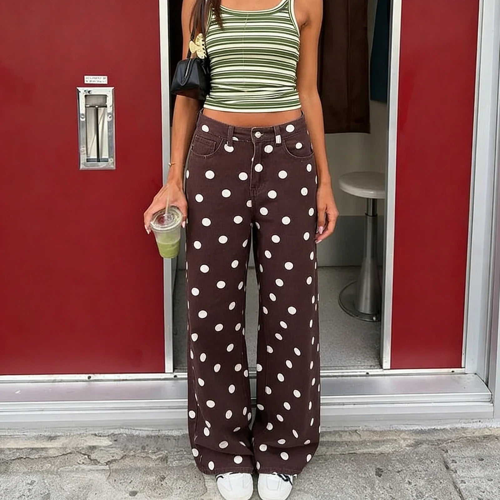 Jean femme | Taille haute, jambes larges | Style Y2K pois