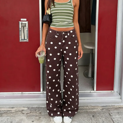 Jean femme | Taille haute, jambes larges | Style Y2K pois